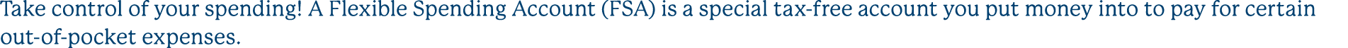 Take control of your spending! A Flexible Spending Account (FSA) is a special tax free account you put money into to ...